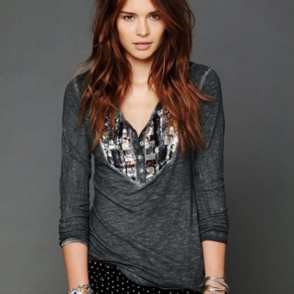 Free People Tops - Free People Tiger Eyes Sequin Bib Henley Gray Sz S